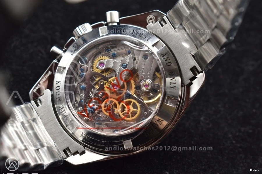 Speedmaster Movement Sapphire Back Crystal Winding OMF Transparent with Manual SS Chrono SS on Dial Black Bracelet MoonWatch 0106